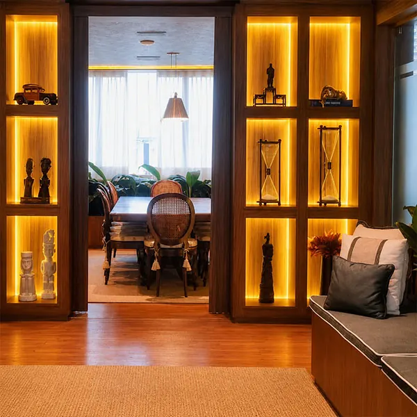 Nichos iluminados em madeira emoldurando a passagem para a sala de jantar